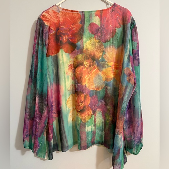 Christopher & Banks Floral V-neck Blouse Sheer Rhinestones Watercolor XL Lined - Picture 2 of 10